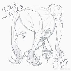  1girl balance_scale earrings greyscale highres jewelry kajino libra_(zodiac) long_hair looking_to_the_side monochrome original personification simple_background solo weighing_scale white_background zodiac 