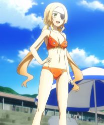  10s 1girl bikini blonde_hair breasts cleavage collarbone eyepatch female_focus green_eyes highres inubouzaki_fuu long_hair navel open_mouth solo swimsuit twintails yuuki_yuuna_wa_yuusha_de_aru yuusha_de_aru  rating:Sensitive score:9 user:Werepuppy