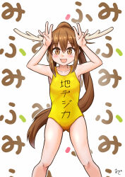  akashieru antlers brown_eyes brown_hair chidejika chidejika_(cosplay) clothes_writing cosplay deer_antlers double_v feet_out_of_frame fumizuki_(kancolle) highres horns japan_commercial_broadcasters_association kantai_collection leotard long_hair looking_at_viewer one-hour_drawing_challenge ponytail smile standing v white_background yellow_leotard 