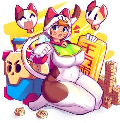 1girl :o absurdres animal_ears artist_logo artist_name bea_(brawl_stars) bell bib brawl_stars breasts cat cat_ears cat_girl cat_tail coin dierelc dot_nose fang female_focus highres large_breasts logo looking_to_the_side navel nekomata open_mouth orange_hair simple_background tail teeth thick_thighs thighs  rating:Questionable score:2 user:Berenjena