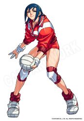  1girl ayuhara_natsu ball bandaged_fingers bandages blue_eyes blue_hair boots female_focus full_body highres holding holding_ball jacket justice_gakuen official_art peter_chai playing_sports red_jacket red_shorts second-party_source short_hair shorts simple_background solo thighs volleyball volleyball_(object) white_background white_boots 