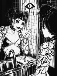  1girl absurdres arm_tattoo bathroom black_lips bra breasts choker collarbone cosmetics ear_piercing earrings eyeliner eyeshadow fingernails goth_fashion greyscale highres jewelry lipstick lipstick_tube looking_at_mirror makeup mascara mirror mole mole_under_mouth monochrome nail_polish original piercing reflection short_twintails shoulder_tattoo sink small_breasts solo tattoo tile_wall tiles twintails underwear zyllypepper 