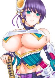  1girl alternate_hair_color aqua_eyes bare_shoulders breasts detached_sleeves female_focus hair_ornament honeybump huge_breasts looking_down midriff navel oshiro_project:re purple_hair sakado_(oshiro_project) short_hair solo sword underboob weapon white_background 