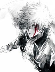  1boy ascot blood blood_on_face bokken gintama greyscale hair_over_one_eye highres holding holding_sword holding_weapon jacket long_sleeves lushu_kuye male_focus messy_hair monochrome official_alternate_costume parted_lips sakata_gintoki solo spot_color sword upper_body weapon white_background wooden_sword 