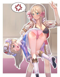  anger_vein aqua_eyes ass atelier_(series) atelier_totori bent_over black_bra blonde_hair boots bow bra breasts brown_eyes cameltoe carrying carrying_under_arm cat_cube cleavage clothes_lift collarbone crying dress fingernails frilled_dress frills gold_trim hand_up highres humiliation jacket kneepits large_breasts lifting_person long_hair medium_hair mervia_siebel one_eye_closed open_clothes open_jacket open_mouth outline panties pink_panties skirt skirt_lift spanked spanking speech_bubble standing teeth totooria_helmold underwear white_footwear white_outline 
