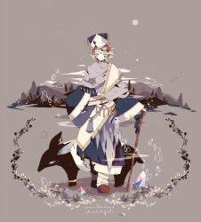  1boy animal bandaged_ankle bishounen black_hair blue_robe brown_shoes burnt_clothes cane closed_mouth cloud commentary_request grey_background grey_eyes hat highres holding holding_cane jar long_sleeves looking_at_viewer male_focus marking_on_cheek moon mountain multicolored_hair pixiv_fantasia pixiv_fantasia_sword_regalia robe scarf shikimi_(yurakuru) shoes short_hair sleeves_past_wrists smile solo standing star_(symbol) streaked_hair torn_clothes torn_robe tree white_hair wide_sleeves 