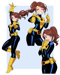  1girl absurdres animification belt bodysuit boots brown_eyes brown_hair closed_eyes full_body gloves high_heel_boots high_heels highres kitty_pryde marvel nervous nico-neko one_eye_closed ponytail shadowcat simple_background smile solo superhero_costume teeth thumbs_up x-men yellow_gloves 