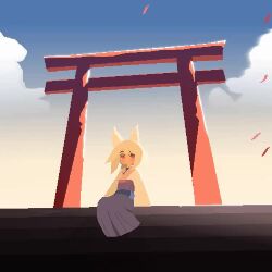 1girl animal_ears animated backlighting cherry_blossoms cloud falling_petals fox_ears high-waist_skirt japanese_clothes long_skirt looping_animation original outdoors petals pixel_art ponytail purple_eyes purple_skirt sitting skirt sky solo tagme torii video white_hair wide_shot wind zzzz_jinnn