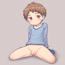  1boy aaaa_(quad-a) blue_legwear blush bottomless brown_eyes brown_hair decensored flaccid foreskin highres male_focus penis short_hair shota solo testicles thighs third-party_edit uncensored  rating:Explicit score:248 user:MomWithBenefits