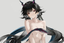  1girl absurdres arknights arknights:_endfield black_eyes black_hair breasts chen_qianyu_(arknights) chinese_commentary closed_mouth collarbone commentary_request convenient_censoring grey_background highres horns ligod long_hair looking_at_viewer medium_breasts navel nude simple_background solo tail tail_censor upper_body 