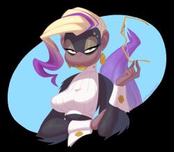 1girl bare_shoulders black_border blonde_hair blue_background border breasts captainmolasses cropped_torso donkey_kong_(series) donkey_kong_bananza earrings eyeshadow furry furry_female jewelry large_breasts lipstick makeup monkey multicolored_hair nintendo poppy_kong purple_hair semi-rimless_eyewear solo streaked_hair sweater turtleneck turtleneck_sweater two-tone_hair unworn_eyewear upper_body wrist_cuffs yellow_eyes yellow_lips
