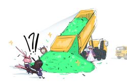  !? 4girls akikawa_yayoi_(umamusume) animal_ears blue_jacket brown_hair dress dump_truck folding_fan hand_fan hand_fan_writing haru_urara_(umamusume) hat highres horse_ears horse_girl horse_tail jacket king_halo_(umamusume) motor_vehicle multiple_girls pink_hair rice_shower_(umamusume) ryegrass_for_haru_urara school_uniform signature simple_background sun_hat sunglasses surprised tail too_much_food tracen_school_uniform truck umamusume white_background white_dress whooie 