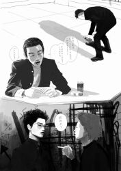  4boys aoi_haru_(film) aoki_(aoi_haru) between_fingers cigarette collage delinquent gakuran glasses graffiti greyscale highres holding holding_cigarette holding_mahjong_tile holding_spray_can kimura_(aoi_haru) long_sleeves looking_at_another mahjong mahjong_tile male_focus monochrome multiple_boys ota_(aoi_haru) scene_reference school_uniform shadow short_hair speech_bubble spray_paint threat toilet_stall translation_request undercut very_short_hair wymaaa yukio_(aoi_haru) 