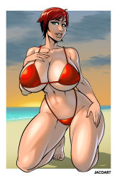  1girl absurdres artist_name beach bikini breasts dead_or_alive green_eyes highres huge_breasts jacogramc kneeling mila_(doa) navel red_bikini red_hair short_hair solo swimsuit 