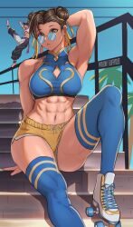  2girls abs absurdres armpits baggy_pants barefoot black_hair blue_tank_top blue_thighhighs bracelet breasts brown_eyes brown_hair capcom chun-li double_bun fluffydus glasses hair_bun hair_horns han_juri highres jewelry large_breasts looking_at_viewer midriff multicolored_hair multiple_girls muscular muscular_female navel pants round_eyewear shorts skates spiked_anklet spiked_bracelet spikes street_fighter studded_bracelet tank_top thick_thighs thighhighs thighs yellow_shorts 
