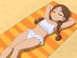  1girl beach beach_towel bikini braid brown_hair closed_eyes frilled_bikini frills highres kingo long_hair original smile solo stomach swimsuit towel twin_braids twintails white_bikini 