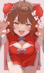  1girl ahoge amashi_2278 blush breasts brown_hair bun_cover china_dress chinese_clothes claw_pose cleavage cleavage_cutout clothing_cutout cowboy_shot detached_sleeves double_bun dress gakuen_idolmaster hair_bun half-closed_eyes hanami_ume heart highres idolmaster large_breasts leaning_forward long_hair looking_at_viewer miniskirt naughty_face open_mouth pink_background red_background red_dress saliva side_slit skirt sleeveless sleeveless_dress solo sweat teeth tongue tongue_out two-tone_background upper_teeth_only 