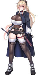  1girl absurdres belt black_belt black_gloves black_leotard blonde_hair boots breasts cleavage_cutout cloak clothing_cutout covered_navel gloves hair_between_eyes highleg highleg_leotard highres huge_breasts kubiwa_(kutan) kutan leotard leotard_under_clothes long_hair looking_at_viewer micro_shorts original ponytail red_eyes ribbed_sweater shorts solo sweater sword thigh_boots thighhighs thighhighs_under_boots weapon white_background white_thighhighs 
