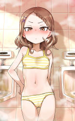 1girl absurdres bare_arms bare_shoulders blush bra braid braided_bangs breasts brown_eyes brown_hair cameltoe closed_mouth collarbone gluteal_fold hair_ornament hairclip hand_on_own_hip highres houjou_(takagi-san) indoors karakai_jouzu_no_takagi-san loli long_hair looking_at_viewer mole mole_under_eye navel nose_blush note2000 panties small_breasts solo striped_bra striped_clothes striped_panties thigh_gap tile_wall tiles underwear underwear_only v-shaped_eyebrows x_hair_ornament rating:Questionable score:325 user:danbooru
