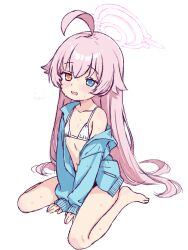 1girl ahoge barefoot bikini blue_archive blue_eyes blue_jacket blush feet female_focus flat_chest halo heterochromia hoshino_(blue_archive) jacket loli long_hair nattocurryumeee open_mouth orange_eyes sidelocks simple_background sitting solo sweat swimsuit very_long_hair wariza white_background white_bikini 