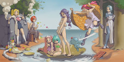 6+girls ahoge artistic_nudity barefoot bikini blonde_hair blue_hair covering_privates day dress fine_art_parody fish flower gloves green_hair hairband hand_fan kneehighs legs long_hair multiple_girls nude nude_cover original parody pink_hair pomodorosa ponytail purple_hair red_hair sarashi short_hair side_slit skirt smoke socks swimsuit the_birth_of_venus thighhighs twintails water white_socks rating:Sensitive score:26 user:danbooru