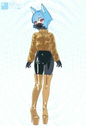  1girl animal_ears artist_name black_bodysuit blue_hair bodysuit boots chikuwa_fan973 down_jacket full_body gold_boots gold_jacket high_heel_boots high_heels highres jacket long_sleeves mask mouth_mask original red_eyes shiny_clothes short_hair solo tail wolf_ears wolf_girl wolf_tail 