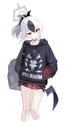  1girl absurdres black_hoodie black_horns blue_archive demon_horns demon_wings dorok ear_piercing grey_halo halo highres hood hoodie horns kayoko_(blue_archive) multicolored_hair piercing simple_background single_wing solo two-tone_hair white_background white_hair wings  rating:Sensitive score:4 user:danbooru