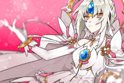  1girl android bare_shoulders blue_gemstone blurry blurry_foreground bracelet cape chest_jewel code:_esencia_(elsword) depth_of_field detached_sleeves dress elsword eve_(elsword) forehead_jewel gem gloves halterneck jewelry looking_at_viewer nippy parted_lips sidelocks sleeveless sleeveless_dress solo upper_body white_cape white_dress white_gloves white_hair white_sleeves yellow_eyes 