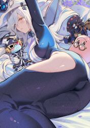  1girl ass blue_dress blush breasts commission dress duel_monster gandora-g_the_dragon_of_destruction gandora_the_dragon_of_destruction glasses hat highres hip_vent holding holding_stuffed_toy long_hair looking_at_viewer lying marshmallon moremarshmallon on_side parted_lips silent_magician silent_swordsman silent_swordsman_zero stuffed_toy watermark white_hair white_hat yu-gi-oh! yusi_vishnu 