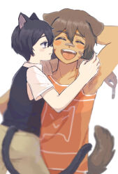  2boys animal_ears arm_up bandaid bandaid_on_cheek bandaid_on_face black_eyes black_hair black_sweater_vest blush brown_hair cat_boy cat_ears cat_tail closed_eyes closed_mouth collarbone collared_shirt dark-skinned_male dark_skin dog_boy dog_ears dog_tail expressionless fangs highres hug kel_(faraway)_(omori) kel_(omori) male_focus multiple_boys nat_omogu omori open_mouth shirt short_hair short_sleeves smile sunny_(omori) sweater_vest tail teeth tongue upper_teeth_only white_shirt 