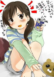  1girl alcohol barefoot bed blue_panties blush breasts brown_eyes brown_hair can collarbone crotch_seam drink_can earrings green_shirt grey_shorts heart holding holding_can jewelry kaieda layered_sleeves long_hair long_sleeves looking_at_viewer mitsudomoe_(manga) on_bed open_mouth panties panty_peek ponytail shirt shorts side_ponytail sitting sleeves_past_wrists small_breasts smile spoken_heart stuffed_animal stuffed_toy teddy_bear tongpoo underwear white_background 