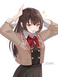  1girl arms_up blazer blush bow bowtie breasts brown_hair brown_jacket brown_skirt brown_vest collared_shirt commentary hair_tie_in_mouth highres jacket long_hair long_sleeves looking_at_viewer mouth_hold open_mouth ponytail red_bow red_bowtie risdandr shirt simple_background skirt smile solo sparkle standing suou_yuki tokidoki_bosotto_roshia-go_de_dereru_tonari_no_alya-san tying_hair vest white_background white_shirt 