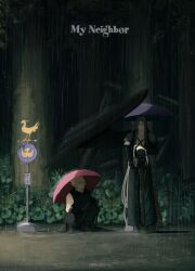  2boys absurdres almondtofu_boy black_wings blonde_hair blue_umbrella bus_stop bus_stop_sign chocobo commentary english_commentary english_text final_fantasy final_fantasy_vii final_fantasy_vii_remake forest grey_hair highres holding holding_umbrella long_hair looking_at_another male_focus multiple_boys nature night outdoors parody rain red_umbrella road_sign scene_reference short_hair sign single_wing squatting standing tonari_no_totoro totoro_bus_stop umbrella wings 