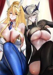  2girls absurdres ahoge animal_ears artoria_pendragon_(fate) artoria_pendragon_(lancer_alter)_(fate) artoria_pendragon_(swimsuit_ruler)_(fate) artoria_pendragon_(swimsuit_ruler)_(first_ascension)_(fate) bare_shoulders black_bodysuit blonde_hair blue_pantyhose blush bodysuit braid breasts center_opening cleavage detached_collar fate/grand_order fate_(series) feather_boa fishnet_pantyhose fishnets green_eyes grin hair_between_eyes highleg highleg_leotard highres horns jikihatiman large_breasts leotard long_hair looking_at_viewer multiple_girls necktie pantyhose playboy_bunny ponytail rabbit_ears revealing_clothes ribbed_bodysuit sidelocks smile thighs tiara underboob white_leotard wrist_cuffs yellow_eyes 