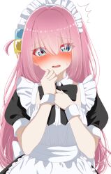  1girl ^^^ absurdres apron black_dress blue_eyes blush bocchi_the_rock! commentary_request cube_hair_ornament dress ear_blush embarrassed eyes_visible_through_hair frilled_apron frills gotoh_hitori gradient_background hair_intakes hair_ornament hair_over_eyes hands_up highres hrtahm long_bangs long_hair looking_at_viewer maid maid_apron maid_headdress melting nose_blush open_mouth pink_hair puffy_short_sleeves puffy_sleeves raised_inner_eyebrows short_sleeves solo standing straight-on straight_hair sweatdrop upper_body very_long_hair wavy_mouth white_apron white_background white_wrist_cuffs wispy_bangs wrist_cuffs 