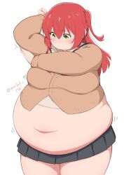 1girl absurdres arm_up blush bocchi_the_rock! breasts brown_sweater fat fat_woman frown green_eyes highres kita_ikuyo long_hair masakin medium_breasts midriff muffin_top navel red_hair school_uniform side_ponytail skirt solo standing sweater tight_clothes twitter_username undersized_clothes white_background