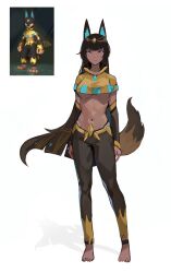  1girl absurdres animal_ear_fluff animal_ears anubis_(palworld) barefoot black_pants black_sleeves blue_eyes breasts brown_hair c2h5ohh circlet closed_mouth dark-skinned_female dark_skin detached_sleeves highres humanization jackal_ears jackal_girl jackal_tail legs_apart long_hair long_sleeves looking_at_viewer medium_breasts midriff navel palworld pants reference_inset shadow solo standing underboob very_long_hair 