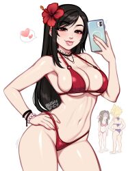  aerith_gainsborough bikini black_hair blushyspicy breasts cleavage cloud_strife commentary english_commentary final_fantasy final_fantasy_vii flower hair_flower hair_ornament highres holding holding_phone large_breasts looking_at_viewer phone red_eyes simple_background stomach string_bikini swimsuit thighs tifa_lockhart tongue tongue_out 