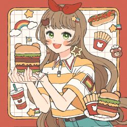  1girl :3 :d blush_stickers border brown_hair burger buttons collared_shirt commentary corrupted_twitter_file cowboy_shot cup disposable_cup earrings eeppa food french_fries green_background green_eyes green_shorts hair_ribbon highres holding holding_burger holding_food hot_dog jewelry long_hair looking_at_viewer open_mouth original outside_border rainbow red_border red_ribbon ribbon shirt shorts smile solo star_(symbol) striped_clothes striped_shirt symbol-only_commentary teeth upper_teeth_only white_background yellow_shirt 