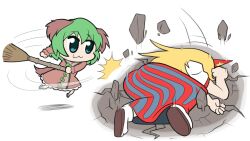  2girls :3 animal_ears ass bkub_(style) blonde_hair blue_skirt broom brown_dress closed_mouth commentary daniel_renard dog_ears dog_girl dress floppy_ears full_body green_eyes green_hair hitting holding holding_broom horns hoshiguma_yuugi kasodani_kyouko long_hair long_sleeves looking_at_another meme multiple_girls red_horns red_skirt shirt short_hair simple_background single_horn skirt smile star_(symbol) striped_clothes striped_skirt symbol-only_commentary touhou vertical-striped_clothes vertical-striped_skirt white_background white_shirt yamcha_pose_(meme) 