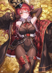  1girl absurdres arm_behind_head armpits arms_up ascot belt black_bodysuit black_coat black_gloves black_hat black_leotard black_pantyhose blush bodysuit bodysuit_under_clothes boots breasts brooch brown_belt cleavage coat coin commentary_request covered_navel elbow_gloves feet_out_of_frame from_above gloves gold_coin gold_trim grin hair_bun hair_over_one_eye hat heterochromia highleg highleg_leotard highres hololive houshou_marine houshou_marine_(marching_band) jewelry kokukyukeo large_breasts leather_belt leotard long_hair long_sleeves looking_at_viewer lying multicolored_hair on_back one_side_up open_clothes open_coat pantyhose plume puffy_long_sleeves puffy_sleeves red_ascot red_eyes red_hair see-through_clothes see-through_cleavage shako_cap shiny_clothes sidelocks single_hair_bun smile solo strapless strapless_leotard streaked_hair tassel thigh_boots thigh_gap thighs two-tone_hair unzipped virtual_youtuber white_hair yellow_eyes zipper_pull_tab  rating:Sensitive score:44 user:danbooru