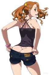 1girl anjou_naruko ano_hi_mita_hana_no_namae_wo_bokutachi_wa_mada_shiranai. ass bare_arms bare_shoulders brown_eyes brown_hair butt_crack denim denim_shorts dressing earrings female_focus from_behind hair_ornament hairclip jewelry looking_back nail_polish no_panties open_mouth pink_nails profile revision short_shorts shorts simple_background solo suna_(sandworks) twintails white_background rating:Sensitive score:150 user:danbooru