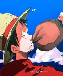  1boy beard black_hair blue_sky cloud commentary_request eating facial_hair food hat holding holding_food imamuu_(imamoon) looking_back male_focus meat monkey_d._luffy one_piece red_shirt shirt short_hair signature sky solo straw_hat 