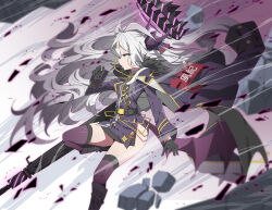  1girl absurdres ahoge armband ass belt belt_buckle black_belt black_boots black_coat black_gloves black_skirt black_thighhighs blue_archive blurry boots buckle coat coat_on_shoulders commentary_request demon_girl demon_horns demon_wings depth_of_field fur-trimmed_coat fur_trim gloves gun halo highres hina_(blue_archive) horns knee_boots long_hair long_sleeves looking_afar machine_gun mg42 military_uniform open_clothes open_coat parted_bangs pencil_skirt profile purple_eyes rad_(gggjjj) red_armband sam_browne_belt shockwave side_slit sidelocks skirt solo thighhighs wavy_hair weapon white_hair wind wings zettai_ryouiki 