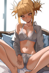  1girl absurdres bags_under_eyes bare_legs bed_sheet blonde_hair blunt_bangs blush boku_no_hero_academia bra breasts cameltoe collarbone double_bun fingernails hair_bun head_tilt highres indoors long_sleeves looking_at_viewer medium_breasts messy_hair navel off_shoulder open_clothes open_shirt panties parted_lips partially_visible_vulva pillow shirt sidelocks sitting slit_pupils solo spread_legs stomach toga_himiko underwear white_bra white_panties white_shirt yellow_eyes zd_(pixiv6210083)  rating:Questionable score:109 user:danbooru