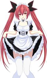1girl absurdres apron black_bow black_ribbon blush bow breasts choker clothes_lift cross-laced_clothes date_a_live evgenvas eyelashes frilled_apron frilled_skirt frilled_sleeves frills fringe_trim furrowed_brow garter_belt hair_between_eyes hair_ribbon half-closed_eyes happy head_tilt highres itsuka_kotori long_hair looking_at_viewer maid maid_headdress medium_breasts puffy_short_sleeves puffy_sleeves red_eyes red_hair ribbon short_sleeves sidelocks simple_background skirt skirt_lift solo teeth thighhighs twintails upper_teeth_only very_long_hair white_apron white_background white_choker white_garter_belt white_thighhighs rating:General score:34 user:danbooru