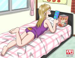  1girl animal_print ass back-print_panties bag barefoot bear_print bed bedroom blush breasts brown_hair camisole cellphone chips_(food) closed_eyes curtains ear_piercing earrings from_behind holding holding_phone jewelry kanade-chan_(marup) laughing long_hair lying marup medium_breasts on_bed open_mouth original panties phone piercing pillow poster_(object) potato_chips print_panties purple_camisole purple_panties sharp_teeth smartphone smile teeth underwear window 