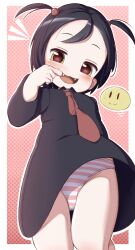  1girl :3 :d black_dress black_hair blush border borrowed_character collared_dress dress fangs finger_in_own_mouth from_below green_eyes hair_bobbles hair_ornament halftone halftone_background highres loli long_sleeves looking_at_viewer mouth_pull necktie notice_lines open_mouth original outside_border panties pantyshot pink_background polka_dot polka_dot_background red_necktie seiro_udon short_hair smile smiley_face solo striped_clothes striped_panties thigh_gap thighs two_side_up underwear white_background white_border 