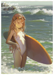 1girl alphonse_(white_datura) bare_arms bare_shoulders border breasts brown_eyes brown_hair closed_mouth competition_swimsuit day english_text female_focus goggles goggles_on_head highres long_hair looking_down ocean one-piece_swimsuit original small_breasts smile solo sunlight surfboard swimsuit thighs very_long_hair wading water waves white_border white_one-piece_swimsuit rating:Sensitive score:302 user:danbooru
