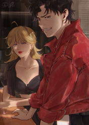  1boy 1girl ahoge artist_request axel_(lazarus) black_hair blonde_hair blue_eyes breasts christine_(lazarus) cleavage clenched_teeth collarbone crop_top cropped_jacket earrings eyelashes grin hair_between_eyes highres jacket jacket_on_shoulders jewelry large_breasts lazarus looking_at_viewer looking_back male_focus midriff neck open_clothes open_jacket parted_bangs red_jacket red_lips seductive_smile short_hair short_sleeves sidelocks smile smug standing teeth thick_lips three-quarter_sleeves triangle_earrings 